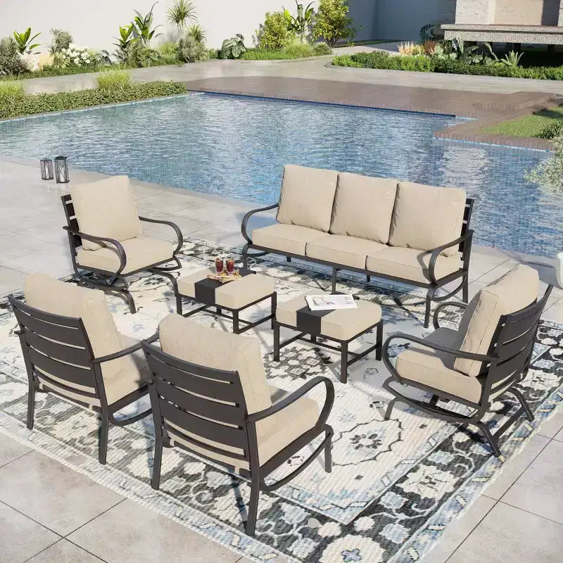 Captiva Designs 7pc Metal Patio Furniture Conversation Set with Rocking Chairs for Garden Porch Backyard