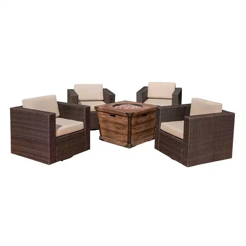 Christopher Knight Home Maaroaro Outdoor Wicker 5 Piece Swivel Club Chairs and Fire Pit Set with Cushions, Brown/Begie