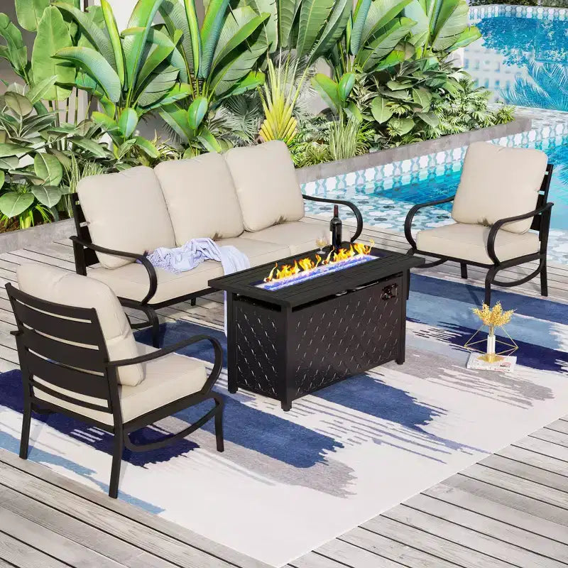 Captiva Designs 4pc Metal Patio seating Furniture Fire Pit Set with Armchairs for Garden Porch Backyard