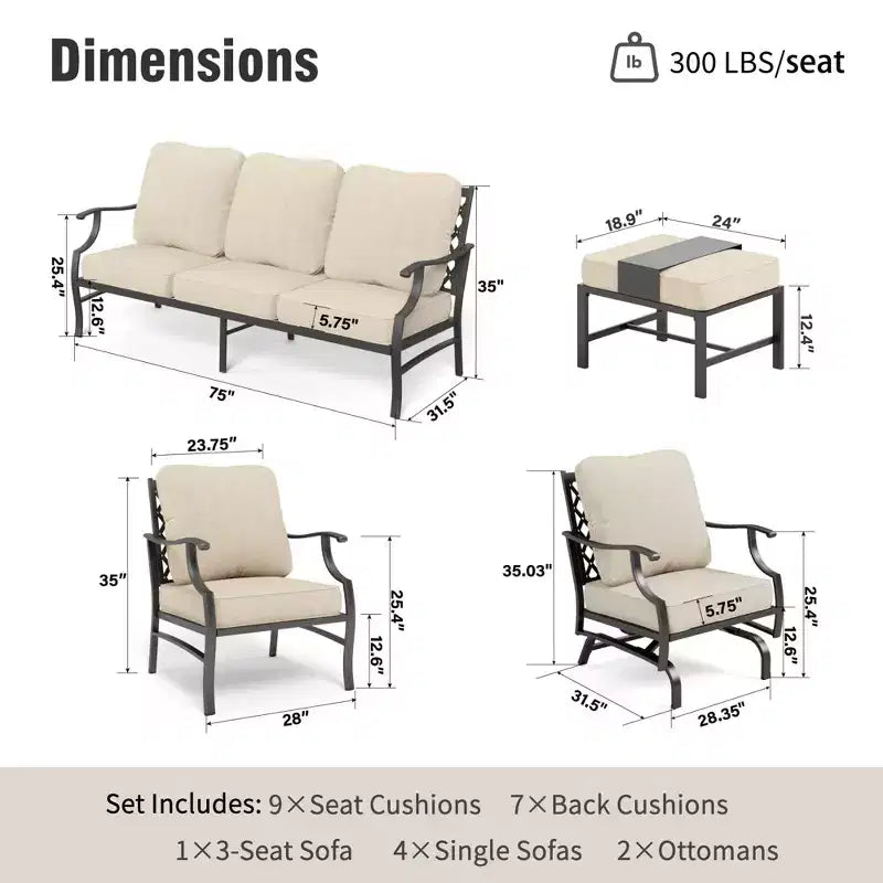 Captiva Designs 7 részes kültéri fém kerti beszélgetőgarnitúra hintázó, rácsos háttámlájú székekkel és kerti, medence melletti vagy hátsó udvari használatra szánt puffokkal