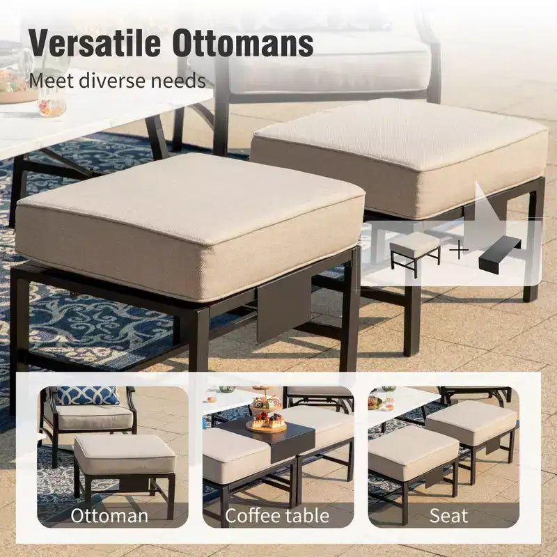 Captiva Designs 7 részes kültéri fém kerti beszélgetőgarnitúra hintázó, rácsos háttámlájú székekkel és kerti, medence melletti vagy hátsó udvari használatra szánt puffokkal