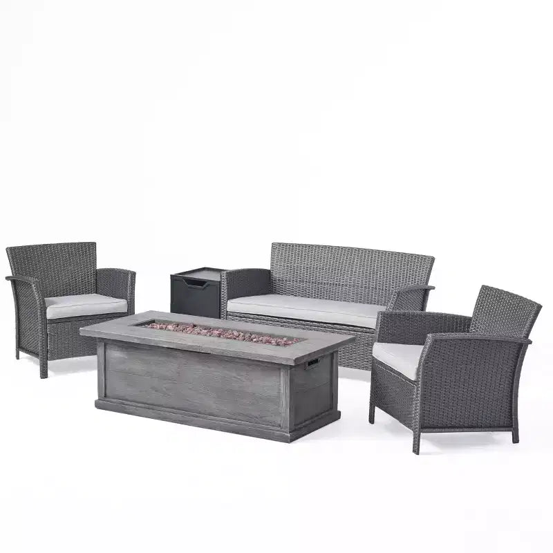Christopher Knight Home Lucia Outdoor Wicker and Iron 4 Seater Chat Set with Fire Pit
