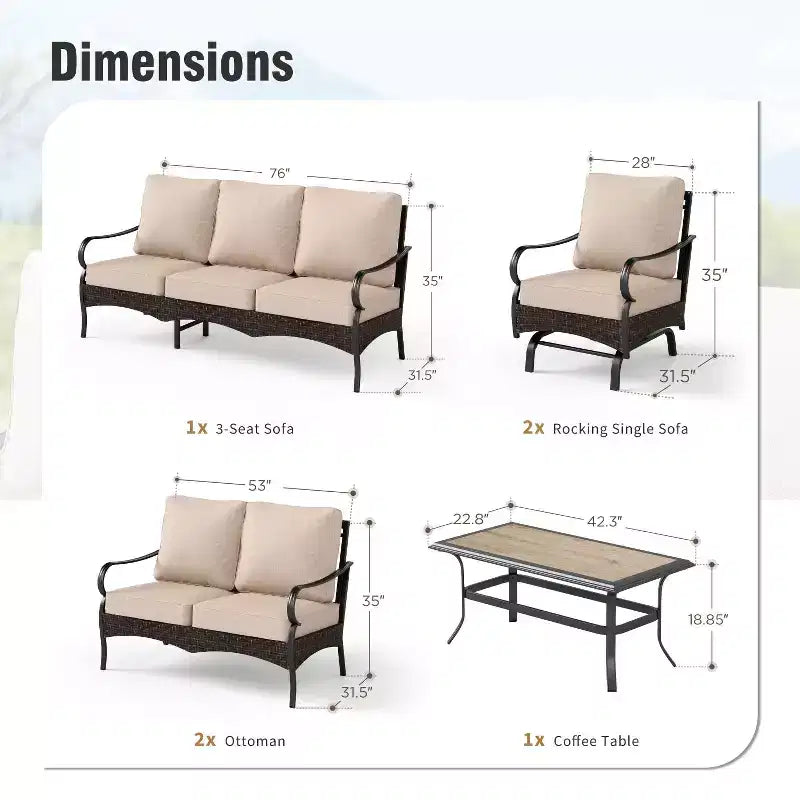 Captiva Designs 5-delige extra grote loungeset van metaal en rotan voor buiten met schommelstoelen en tweezitsbank
