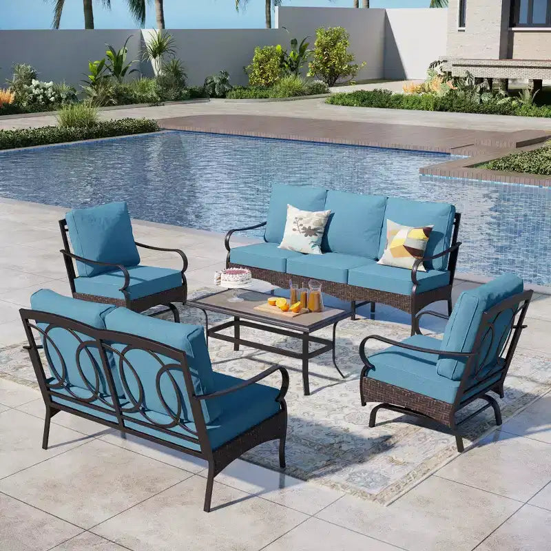 Captiva Designs 5 részes extra nagy fém- és rattan kültéri teraszos társalgógarnitúra hintaszékekkel és kétszemélyes kanapéval