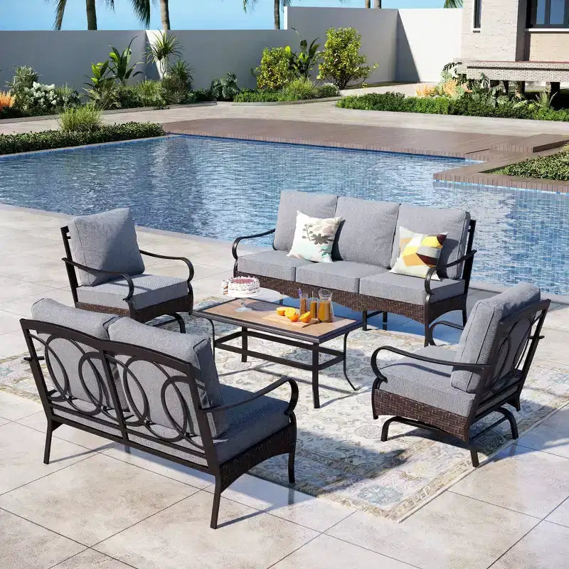 Captiva Designs 5 részes extra nagy fém- és rattan kültéri teraszos társalgógarnitúra hintaszékekkel és kétszemélyes kanapéval