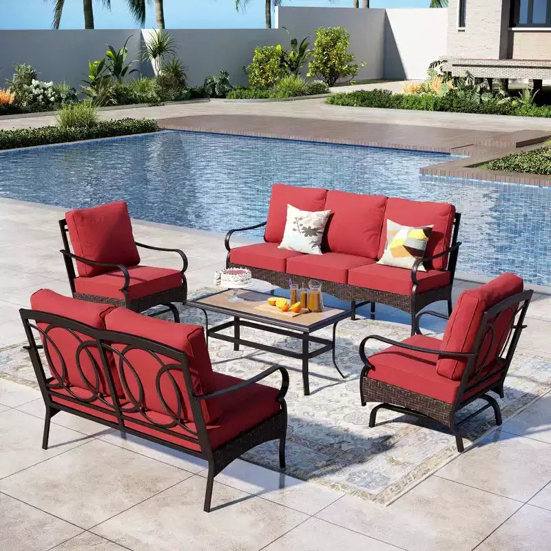 Captiva Designs 5 részes extra nagy fém- és rattan kültéri teraszos társalgógarnitúra hintaszékekkel és kétszemélyes kanapéval