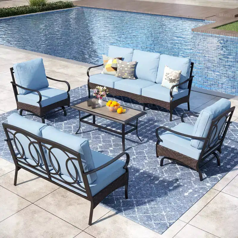 Captiva Designs 5 részes extra nagy fém- és rattan kültéri teraszos társalgógarnitúra hintaszékekkel és kétszemélyes kanapéval