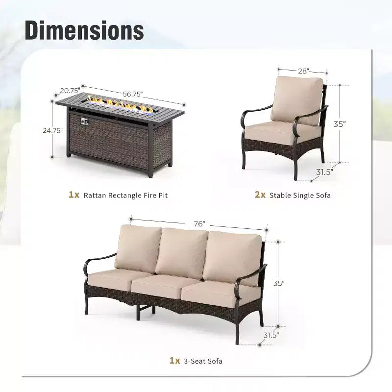 Set da braciere da patio per esterno Captiva Designs da 4 pezzi, extra large, in metallo e rattan, con divani singoli