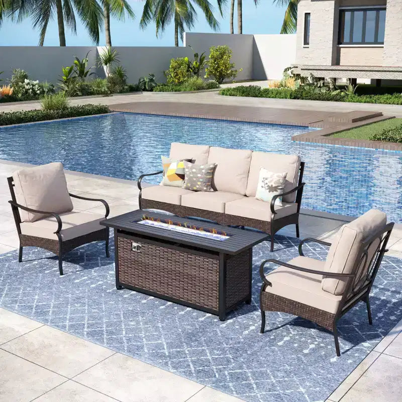 Captiva Designs 4pc Extra Large Metal and Rattan Outdoor Patio Fire Pit Set with Single Sofas