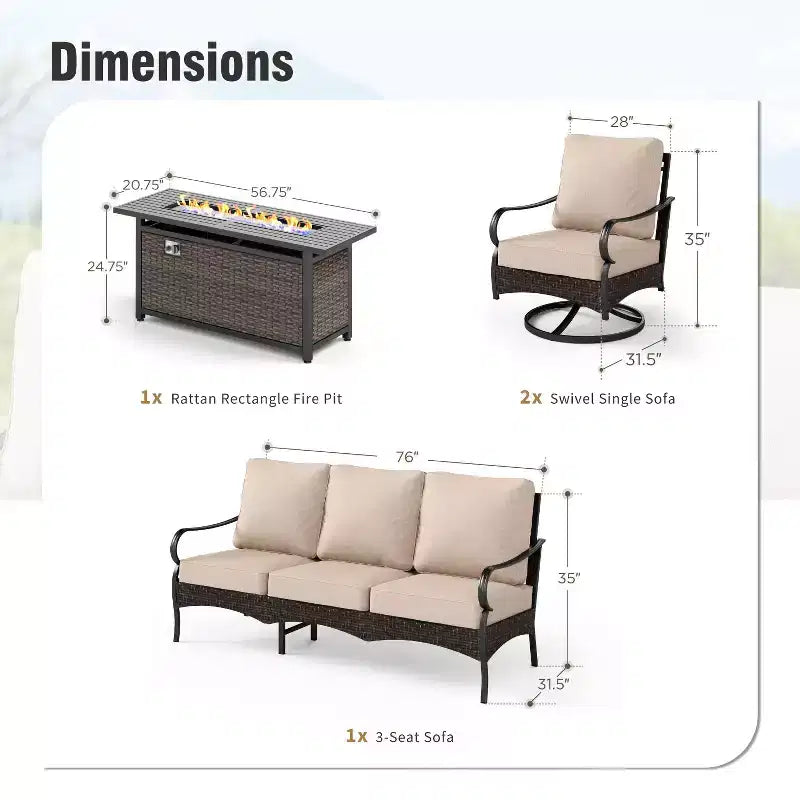 Captiva Designs 4 részes extra nagy fém- és rattan kültéri kerti tűzrakó garnitúra forgatható kanapékkal