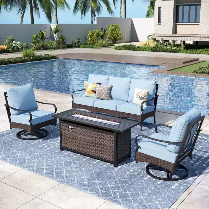 Captiva Designs 4 részes extra nagy fém- és rattan kültéri kerti tűzrakó garnitúra forgatható kanapékkal