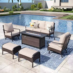 Captiva Designs 6pc Extra Large Metal and Rattan Outdoor Patio Fire Pit Set with Rocking Sofas and Ottomans