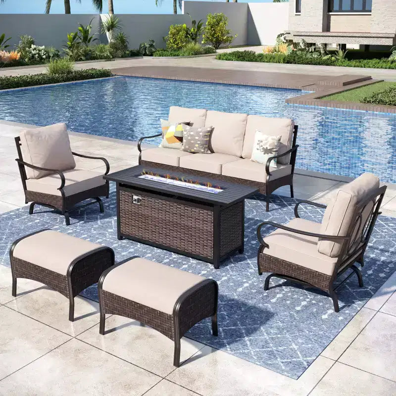 Captiva Designs 6pc Extra Large Metal and Rattan Outdoor Patio Fire Pit Set with Rocking Sofas and Ottomans