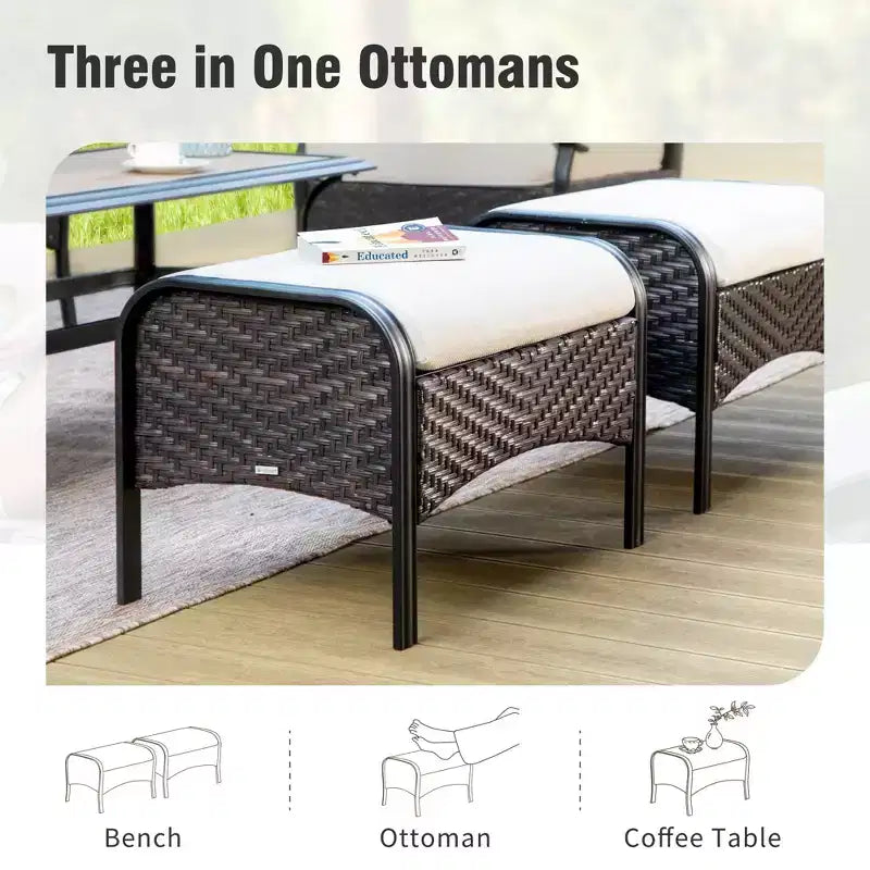 Captiva Designs 6-delige extra grote vuurtafelset van metaal en rotan voor buiten met schommelbanken en hockers