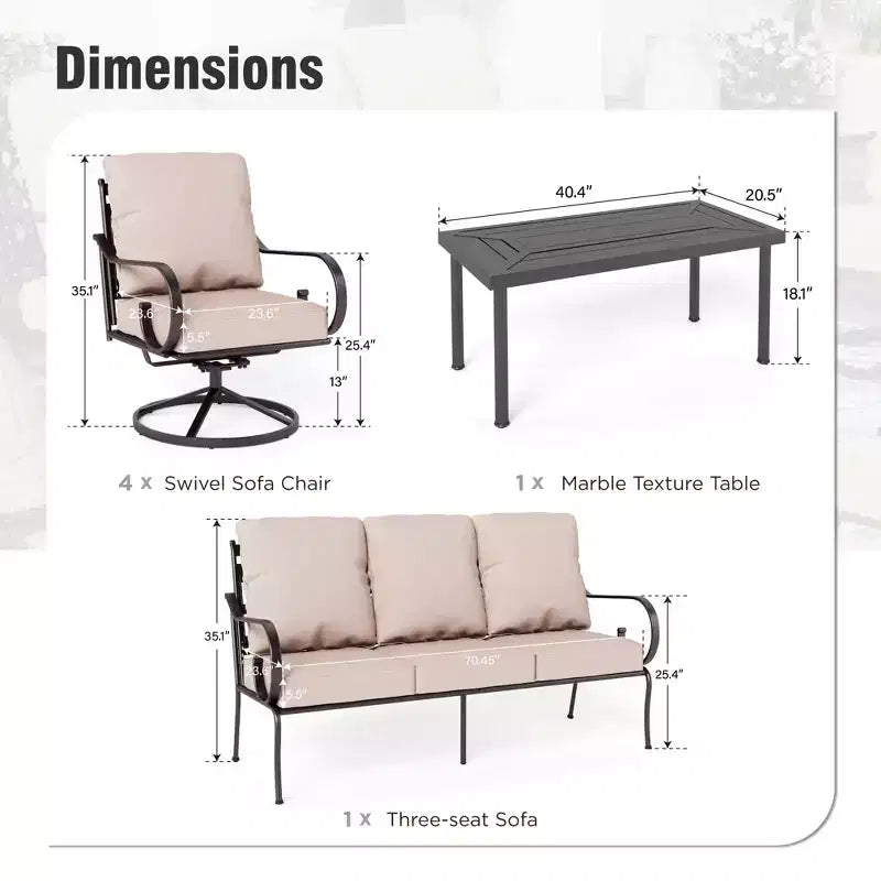 Juego de conversación de exterior para patio Captiva Designs de 6 piezas extragrandes, de metal, con sillas giratorias de respaldo estampado