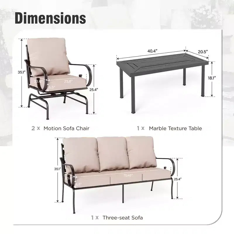 Captiva Designs 4pc Extra Large Metal Outdoor Patio Conversation Set with Rocking Pattern-back Chairs and Coffee Table