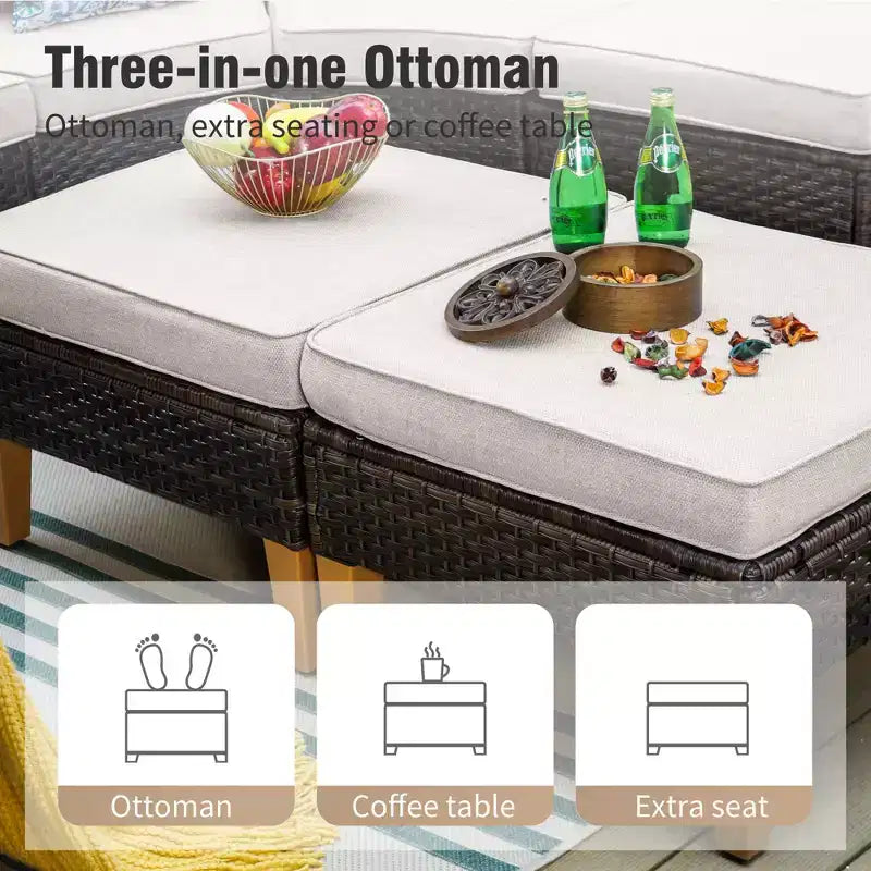 Captiva Designs 10-delige loungeset van wicker en rotan voor buiten met vuurtafel en gevoerde hocker