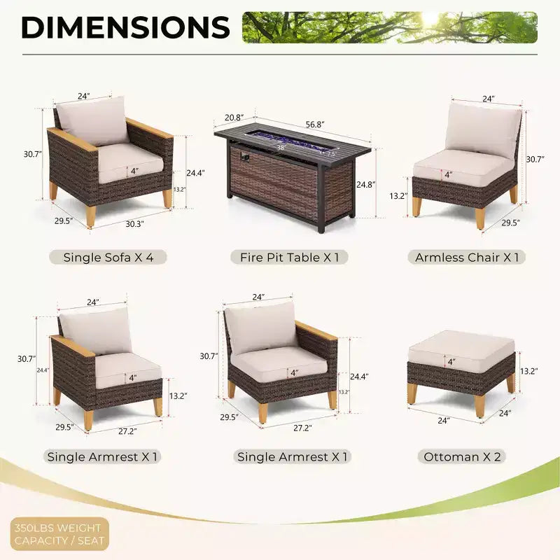 Captiva Designs 10-delige loungeset van wicker en rotan voor buiten met vuurtafel en gevoerde hocker