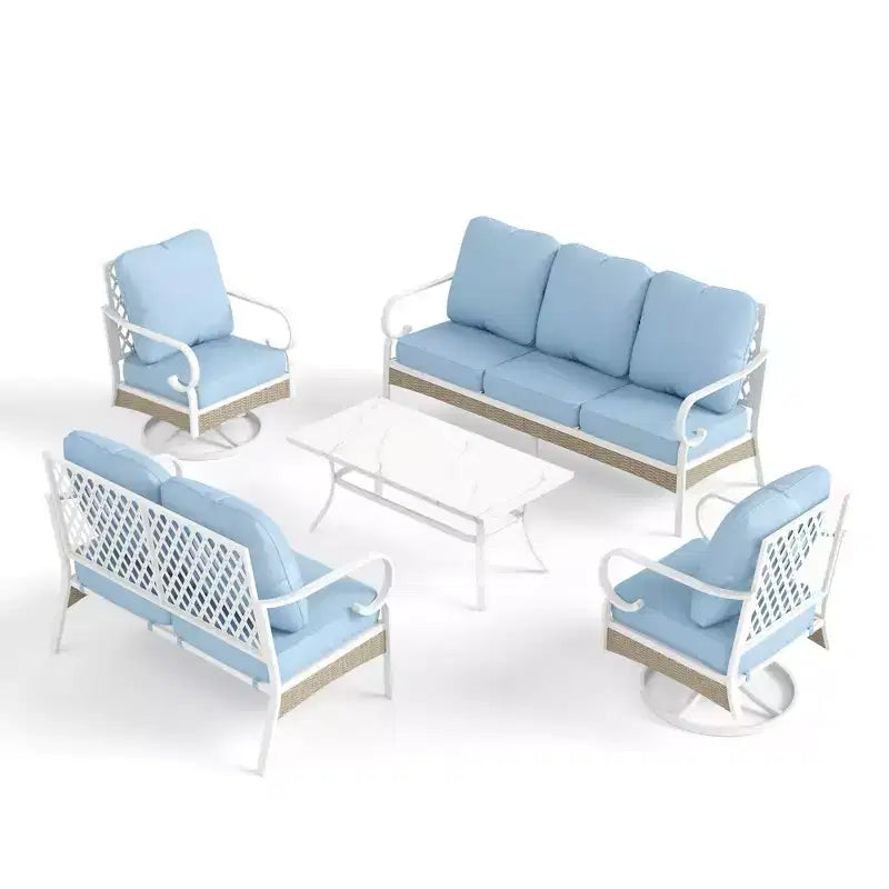 Ensemble convivial d’extérieur Captiva Designs, 5 pièces extra-large, en métal et rotin, avec fauteuils pivotants à dossier quadrillé et canapé 2 places