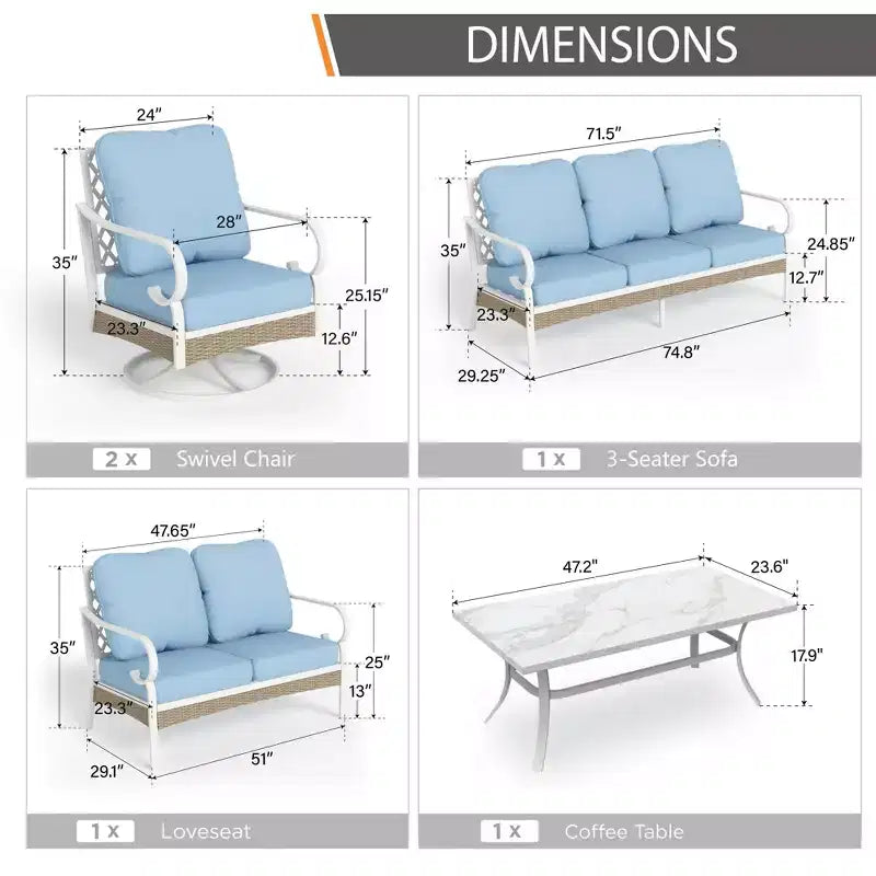 Ensemble convivial d’extérieur Captiva Designs, 5 pièces extra-large, en métal et rotin, avec fauteuils pivotants à dossier quadrillé et canapé 2 places