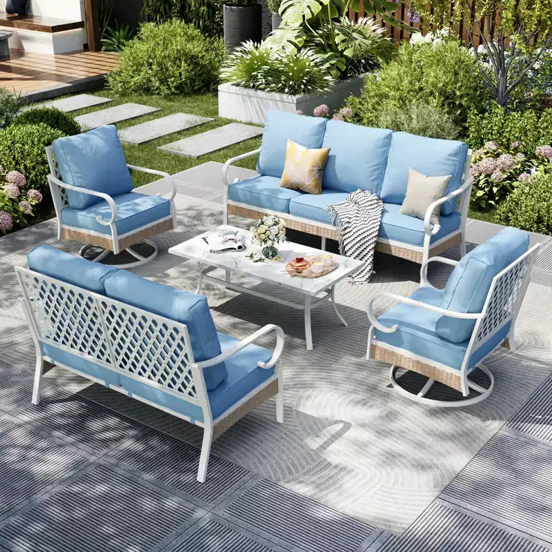Captiva Designs 5 részes extra nagy fém- és rattan kültéri kerti beszélgetőgarnitúra forgatható, rácsos háttámlájú székekkel és kétszemélyes kanapéval