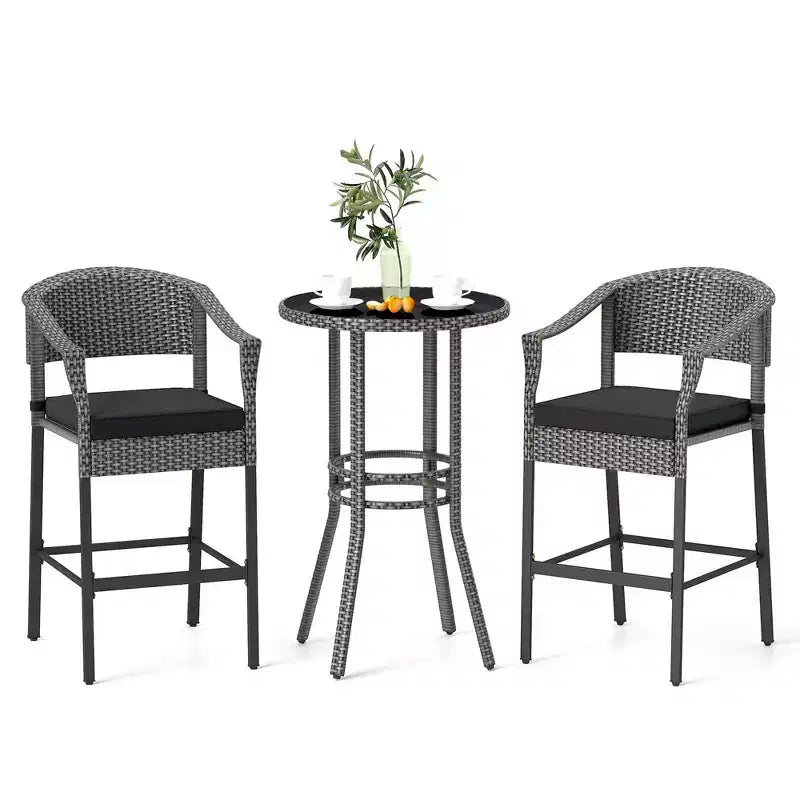 Juego de bar de ratán para patio Costway de 3 piezas, sillones de mimbre a la altura de la barra y mesa redonda
