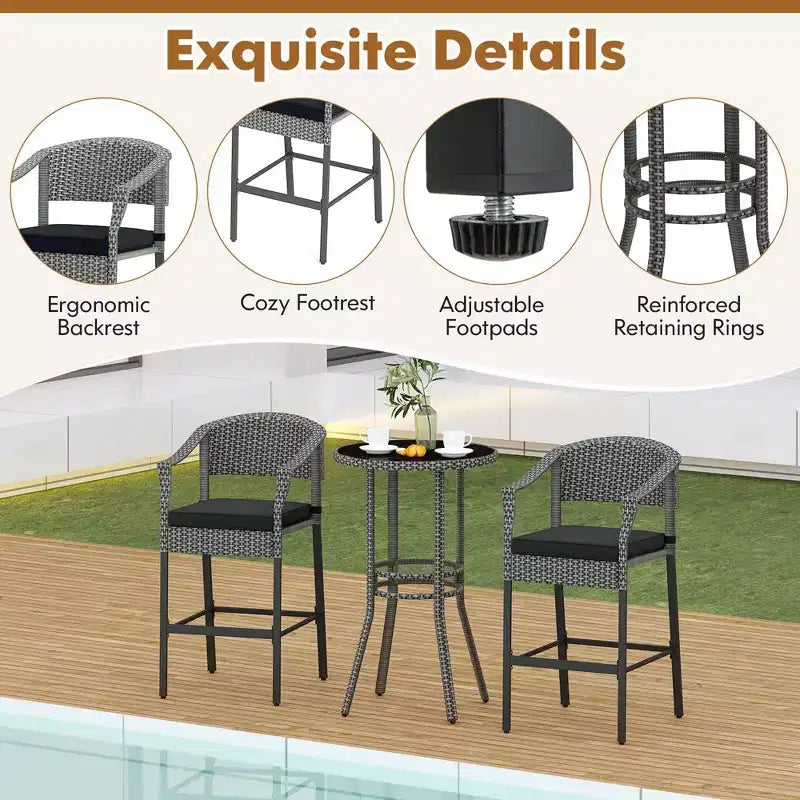 Juego de bar de ratán para patio Costway de 3 piezas, sillones de mimbre a la altura de la barra y mesa redonda