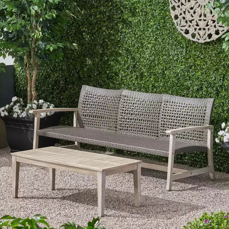 Juego de sofá para 3 personas y mesa de centro de exterior Christopher Knight Home Sewell, de madera de acacia y mimbre