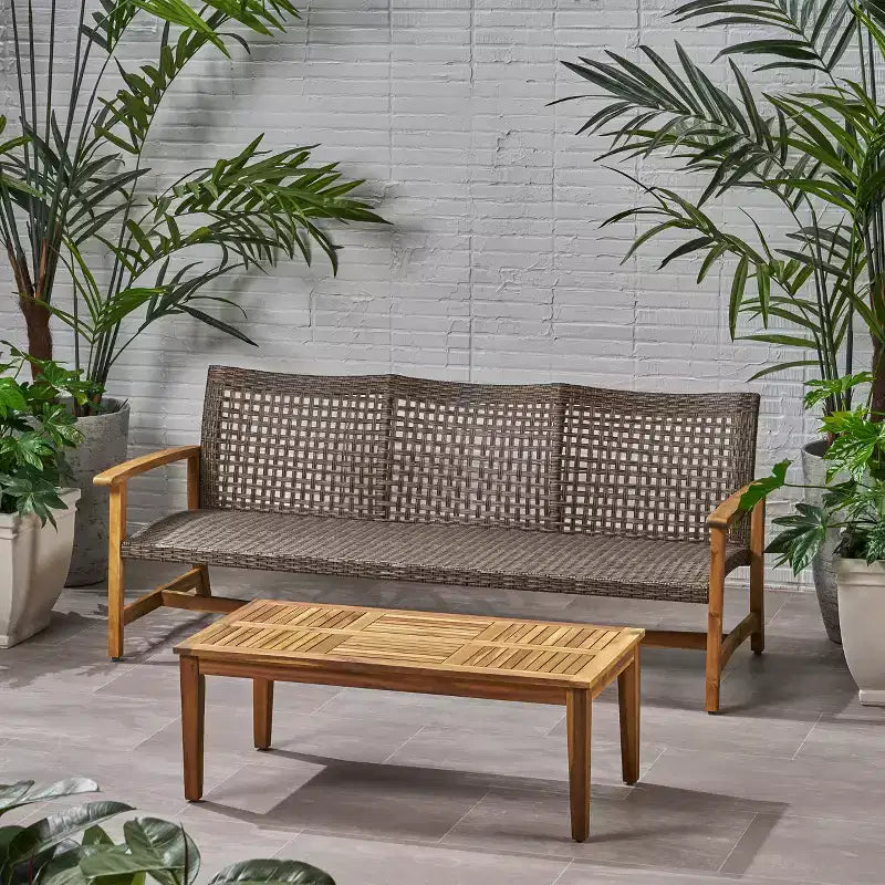 Juego de sofá para 3 personas y mesa de centro de exterior Christopher Knight Home Sewell, de madera de acacia y mimbre