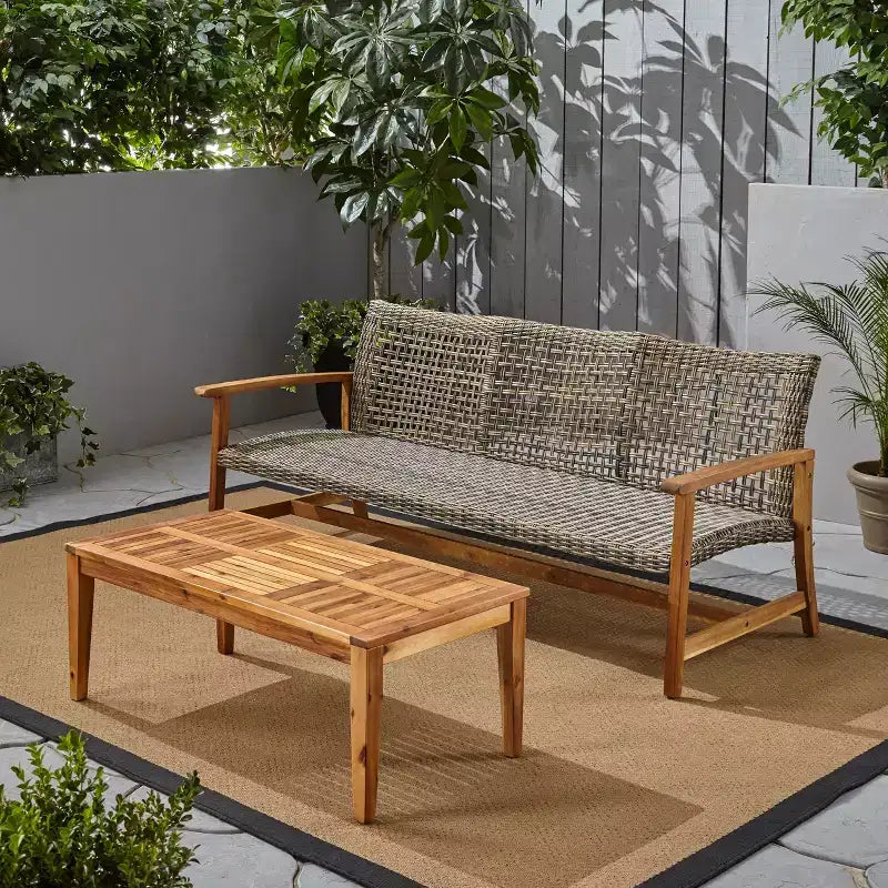 Juego de sofá para 3 personas y mesa de centro de exterior Christopher Knight Home Sewell, de madera de acacia y mimbre