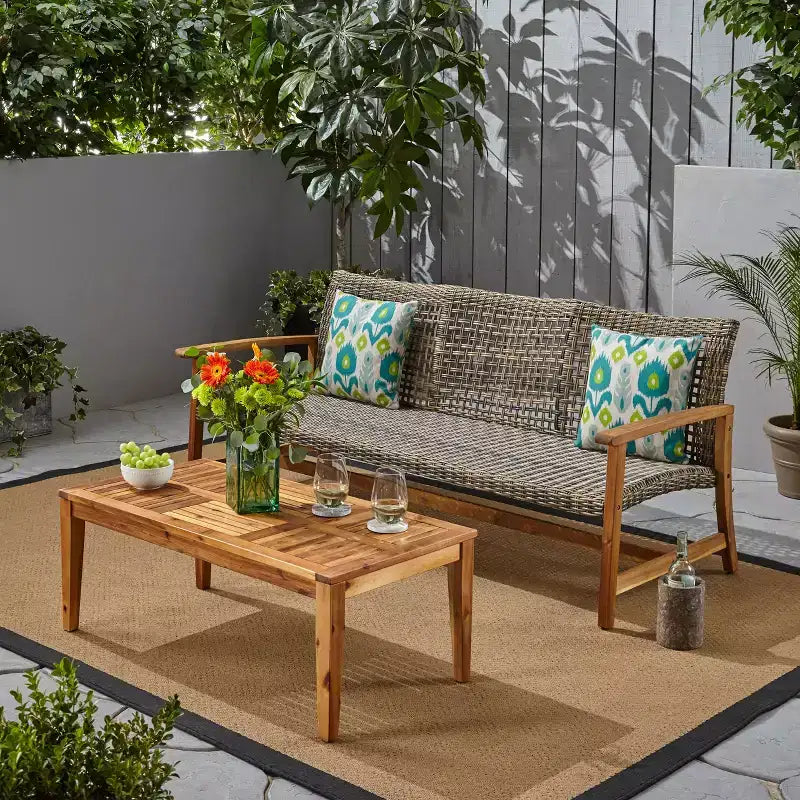 Christopher Knight Home Sewell Outdoor Acacia Wood and Wicker 3 Seater Sofa and Coffee Table Set