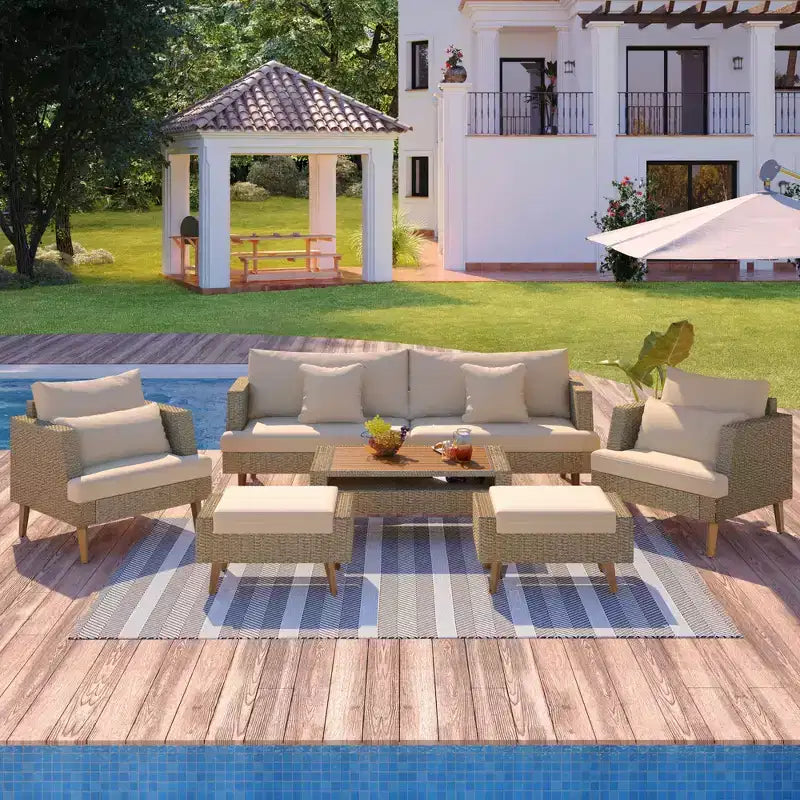 Conjunto de sofá Whisen de 6 piezas de mimbre de PE para todo tipo de clima, sofá de ratán para exterior con cojines dobles