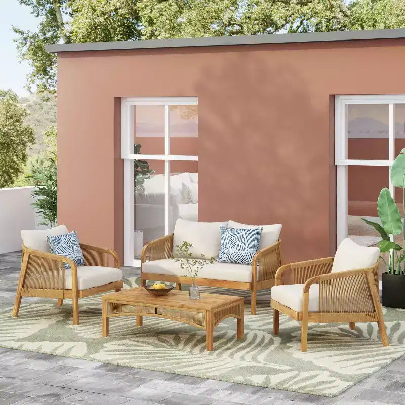 Christopher Knight Home Allerton loungeset voor buiten, 4-zits, van acaciahout en wicker, met kussens, teak en beige