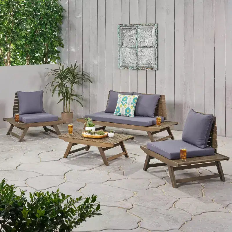 Christopher Knight Home Sedona kültéri akáciafa 4 személyes beszélgetőgarnitúra párnákkal