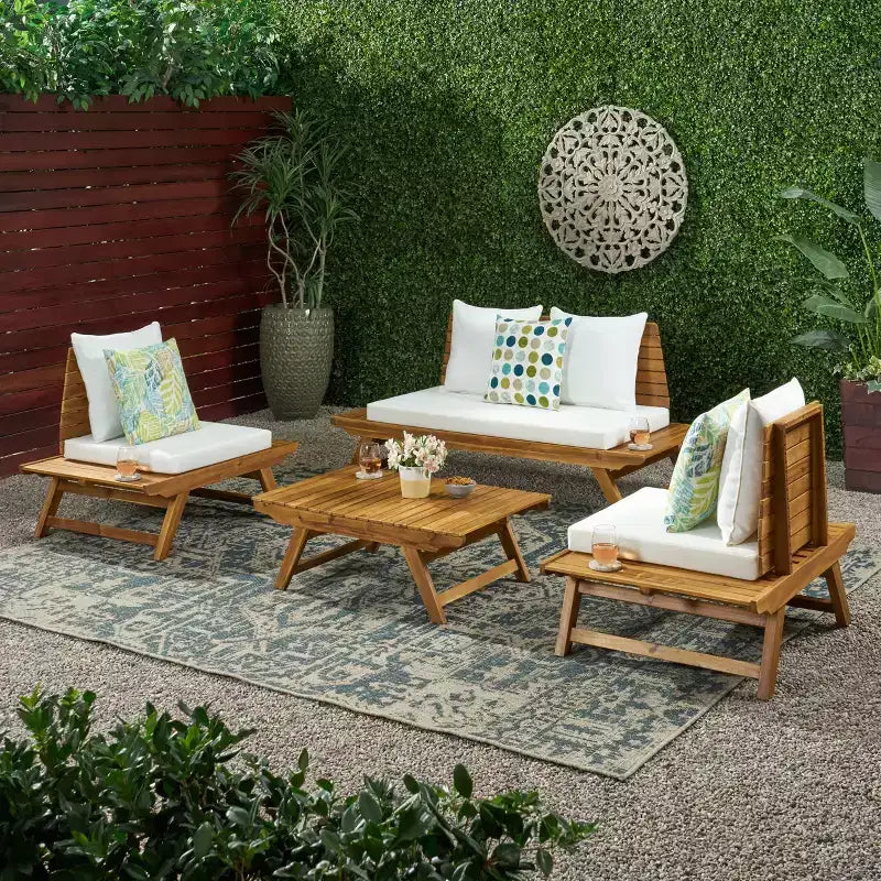 Christopher Knight Home Sedona kültéri akáciafa 4 személyes beszélgetőgarnitúra párnákkal