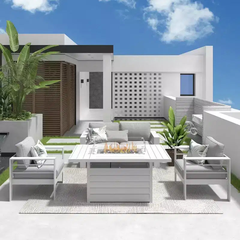 Heynemo aluminium tuinmeubelset met vuurtafel, 4-delige metalen tuinmeubelset voor buiten met kussens voor de achtertuin
