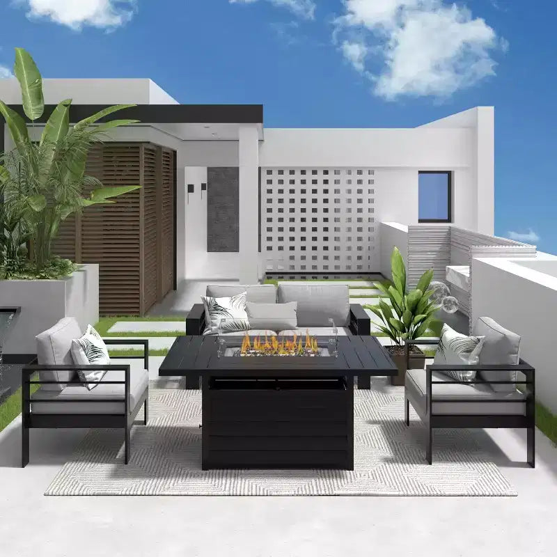 Heynemo Aluminum Patio Furniture Set with Fire Pit Table, 4 Piece Metal Outdoor Furniture with Cushions for Backyard