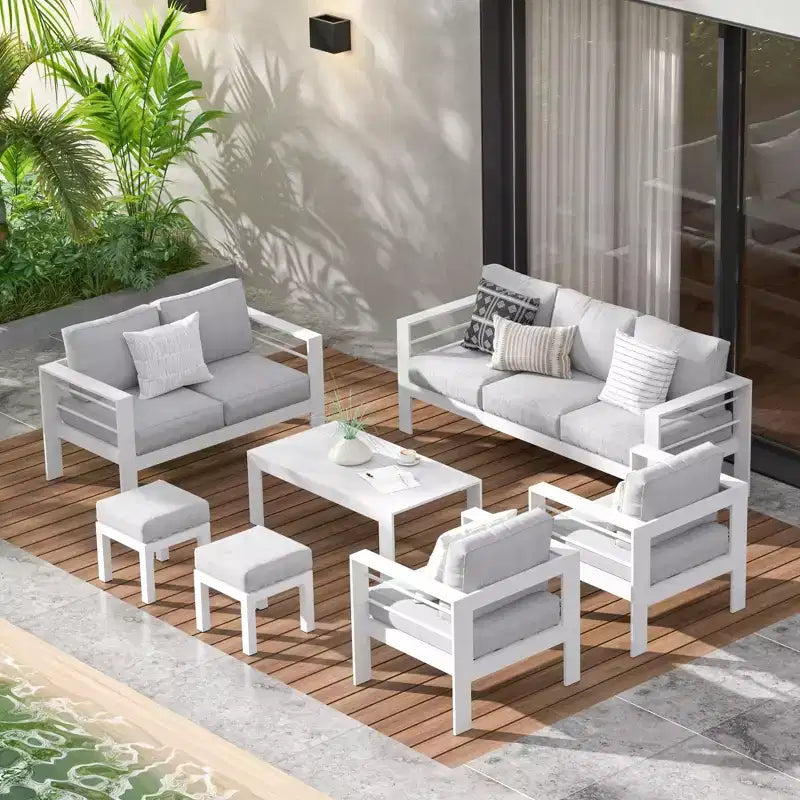 Conjunto de muebles de aluminio para patio exterior Heynemo con reposapiés, sofá seccional metálico para exterior con cojín de 5'' y mesa de centro para balcón o jardín