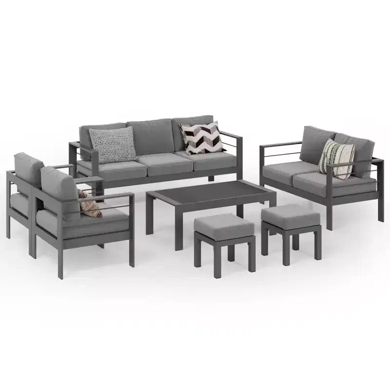 Conjunto de muebles de aluminio para patio exterior Heynemo con reposapiés, sofá seccional metálico para exterior con cojín de 5'' y mesa de centro para balcón o jardín