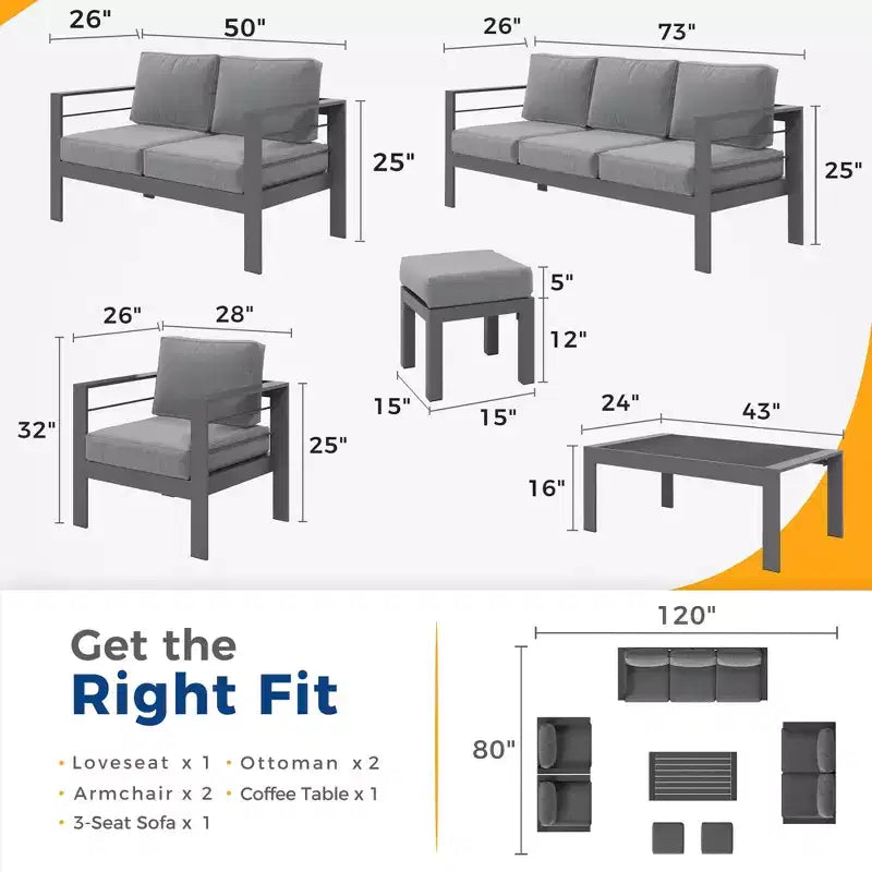 Conjunto de muebles de aluminio para patio exterior Heynemo con reposapiés, sofá seccional metálico para exterior con cojín de 5'' y mesa de centro para balcón o jardín
