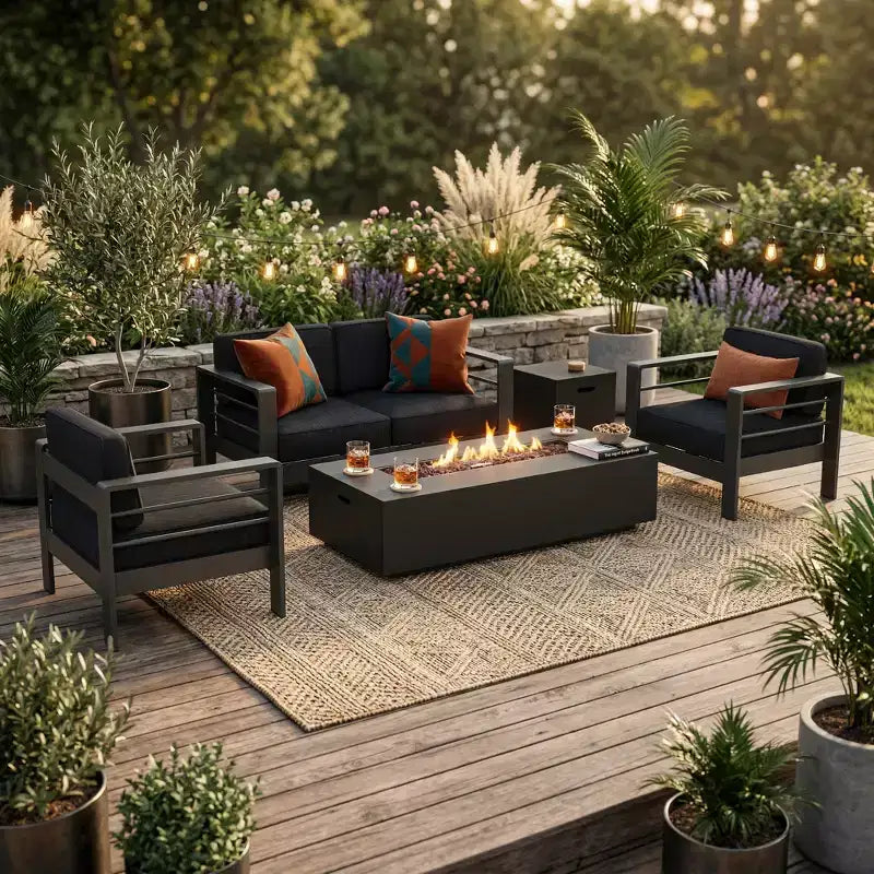 Juego de conversación de exterior de aluminio para 4 personas GDFStudio Crested Bay con fogón gris oscuro