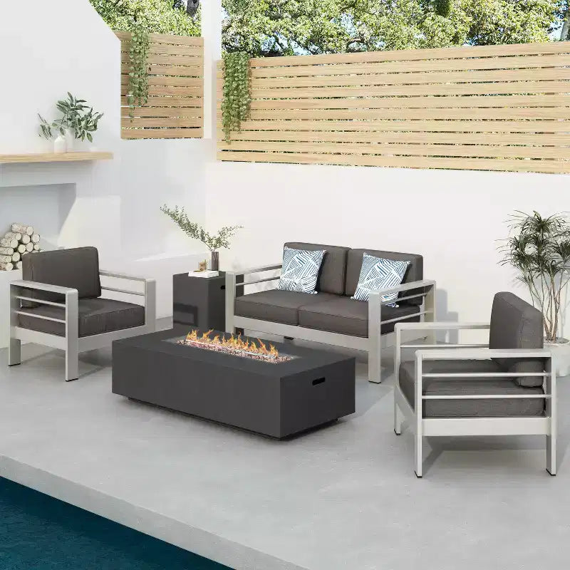 Juego de conversación de exterior de aluminio para 4 personas GDFStudio Crested Bay con fogón gris oscuro