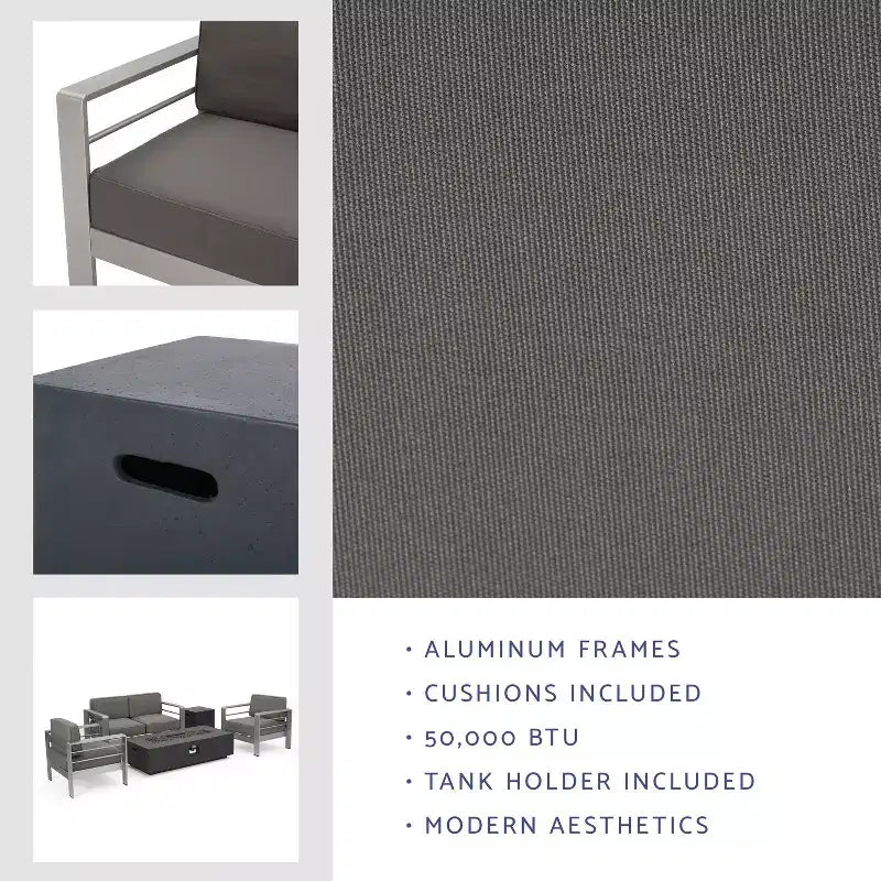 Juego de conversación de exterior de aluminio para 4 personas GDFStudio Crested Bay con fogón gris oscuro