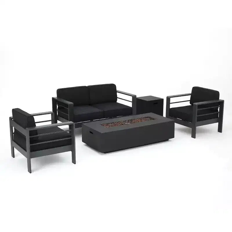 Juego de conversación de exterior de aluminio para 4 personas GDFStudio Crested Bay con fogón gris oscuro