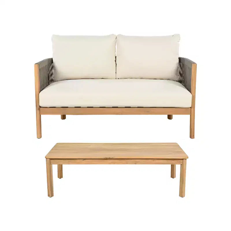 Conjunto de asientos de dos plazas y mesa de centro de madera de acacia con tejido de cuerda para patio Gilda de Christopher Knight Home