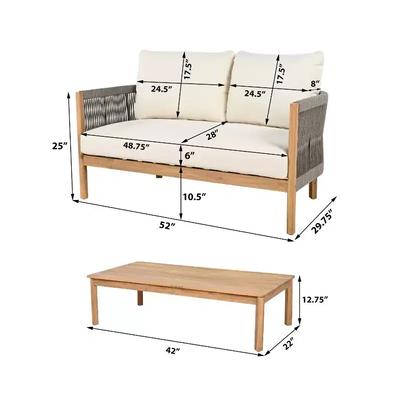 Conjunto de asientos de dos plazas y mesa de centro de madera de acacia con tejido de cuerda para patio Gilda de Christopher Knight Home
