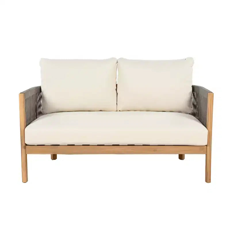 Conjunto de asientos de dos plazas y mesa de centro de madera de acacia con tejido de cuerda para patio Gilda de Christopher Knight Home
