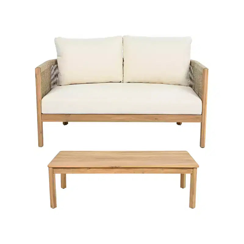 Conjunto de asientos de dos plazas y mesa de centro de madera de acacia con tejido de cuerda para patio Gilda de Christopher Knight Home