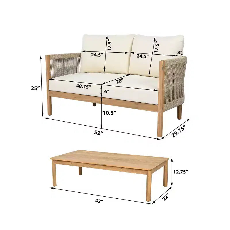 Conjunto de asientos de dos plazas y mesa de centro de madera de acacia con tejido de cuerda para patio Gilda de Christopher Knight Home