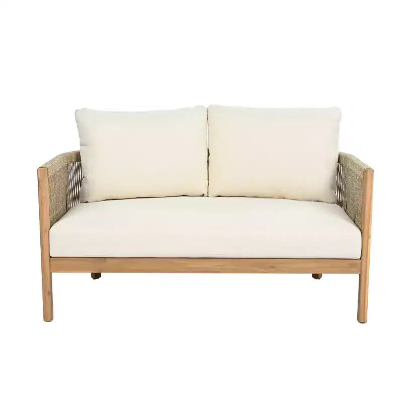 Conjunto de asientos de dos plazas y mesa de centro de madera de acacia con tejido de cuerda para patio Gilda de Christopher Knight Home
